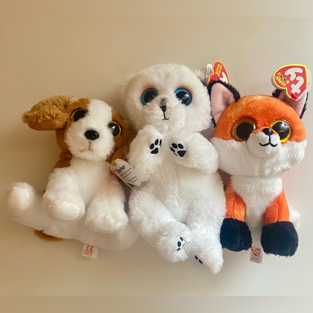 Ty 3 Beanie Baby Bellies Boos Bundle Plush Dog Barker Bear Wuzzy Fox Meadow Tags
